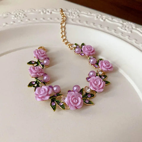 Flower Inlaid Crystal Pearl Necklace Earrings