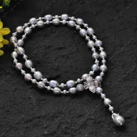 Z13663 30" White Gray Round Rice Freshwater Pearl Necklace Keshi Pearl Pendant CZ Custom Jewelry