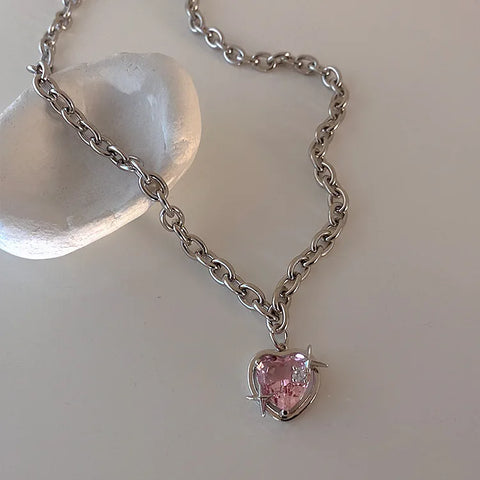 Y2K Accessories Fashion Peach Heart Water Drop Pendant Necklace Purple Crystal Egirl Sweet Cool Clavicle Chain Aesthetic Jewelry