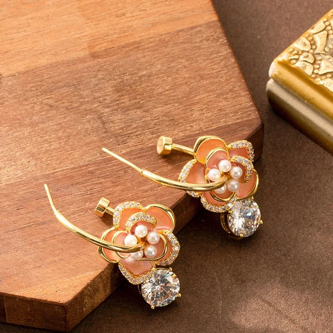 Elegant French Style Pearl Floral Stud Earrings