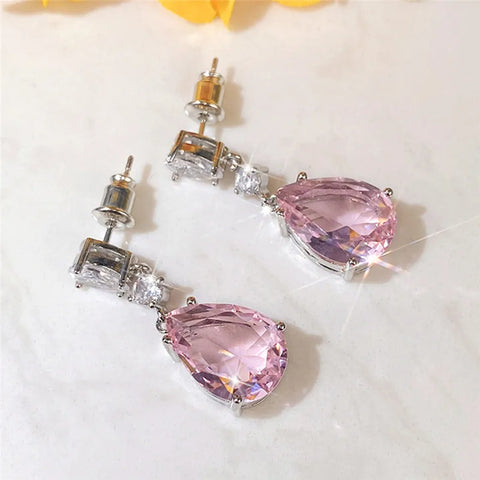 925 Sterling Silver Sweet Pink Pear Cubic Zirconia Drop Earrings