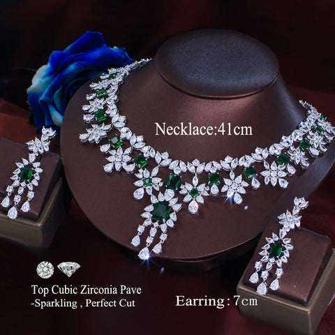 ThreeGraces Luxury Shiny Green Zirconia Long Tassel Drop Earrings Necklace Wedding Bridal Party Jewelry Set for Women T1054