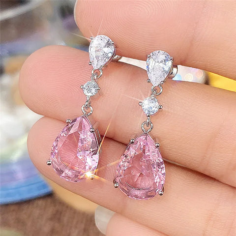 925 Sterling Silver Sweet Pink Pear Cubic Zirconia Drop Earrings