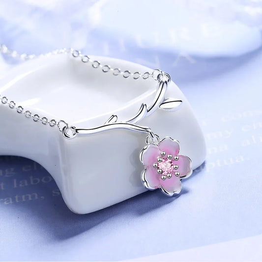 S925 Sterling Silver Women's Pink Cherry Blossom Branch Pendant Necklace (40cm+3.5cm) Luxury Jewelry