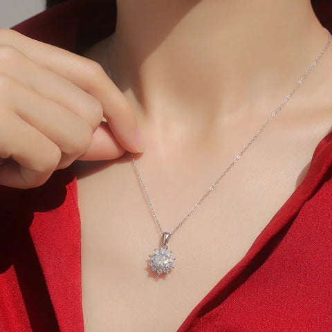 Original Silver Sterling 925 Moissanite Pendant Necklace for Women Girl Lady Sunflower Shape Cute 1 Carat Birthday Gift