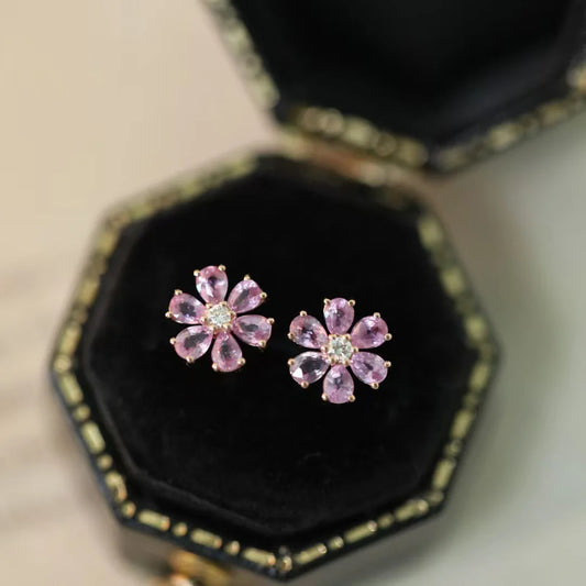 925 Silver Pink Tourmaline Flower Ear Stud Cherry Earrings
