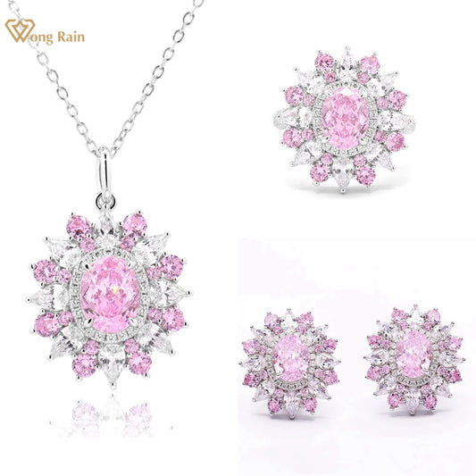 Wong Rain 100% 925 Sterling Silver Sparkling Lab Sapphire High Carbon Diamond Gems Pendant/Necklace/Earrings/Rings Jewelry Sets
