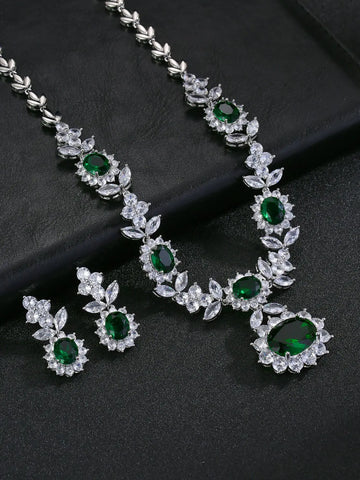 Luxury Indian Jewelry Set For Women Zirconia Bridal Necklace Earring Set For Wedding Evening Party Prom Pendant Necklace