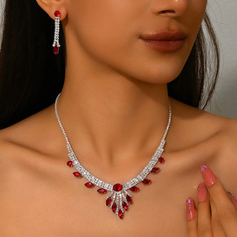 3pcs Elegant and Dignified Colored Water Droplet Gemstone Inlaid Women's Tassel Necklace Earring Set Retro Wedding Dress Jewelry