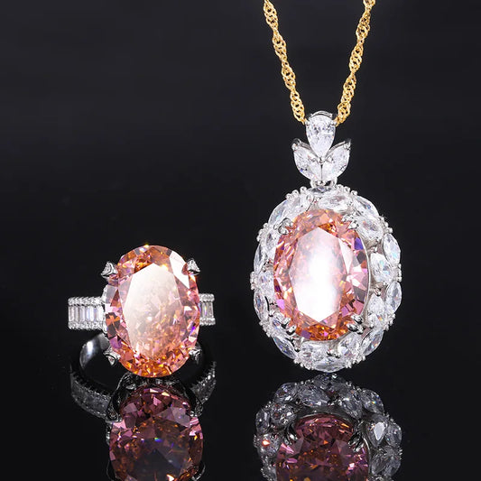 Champagne High Carbon Diamond Luxury Designer Jewelry Set For Women 925 Sterling Silver Pendant Necklace Ring Engagement Wedding