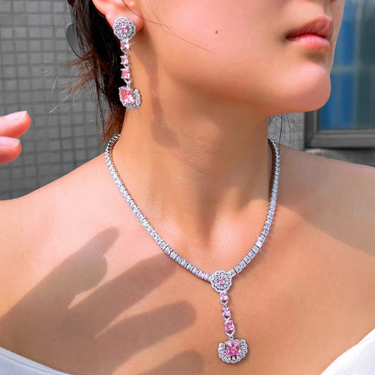 CWWZircons Charming Pink White Cubic Zircon Flower Long Dangle Earrings Necklace Set for Women Wedding Party Jewelry Gifts T0980