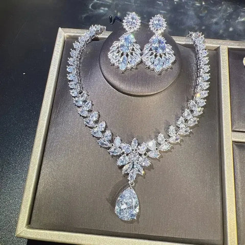Bowknot Lab Pink Diamond Jewelry set 14K White Gold Engagement Wedding Earrings Necklace For Women Bridal Promise Gift