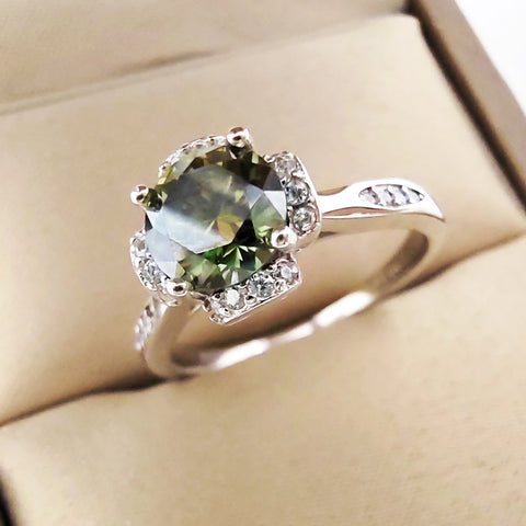 1CT Green Moissanite Silver Ring
