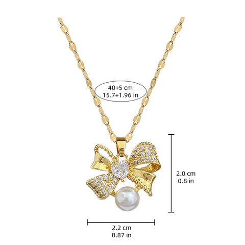 Classic Stainless Steel Gorgeous Pearl Bow Necklace Earrings