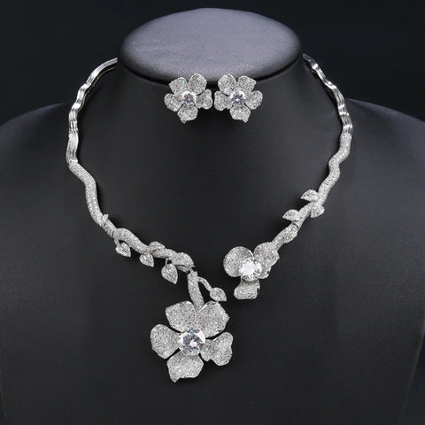 Elegant Flower Necklace Earrings, European Jewelry Bridal Wedding Party, Dress Accessories Fashion CZ Jewelry Set CN11315