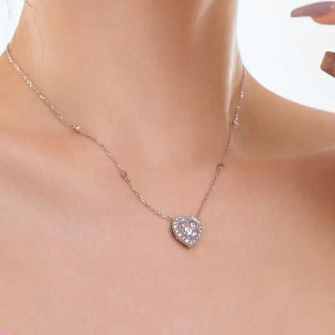 Genuine S925 Sterling Silver 10mm Heart Cubic Zirconia Pendant Necklace Adjustable Chain Jewelry Gift for Women Valentines Day