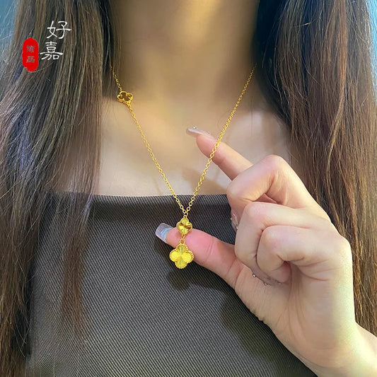 Light luxury 24K real gold four-leaf clover integrated necklace au9999 three-flower clavicle chain high-end women