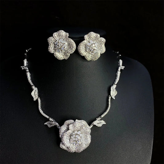 Premium Heavy Duty Rose Necklace Earrings Super Shiny Zirconia Jewellery Women's Set Party Bridal Wedding Accessories M-197