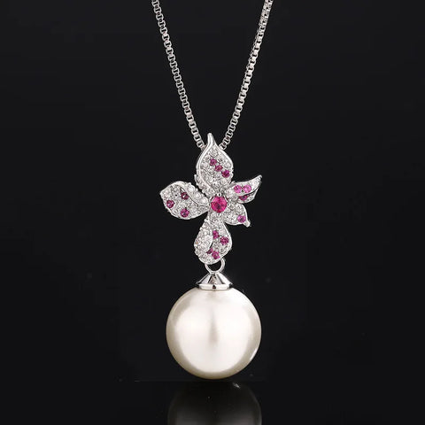 Elegant Flower White Pearl Cubic Zirconia Earrings Sparkling Necklace with Pink Crystal Ideal Wedding Dresses Accessories Gift