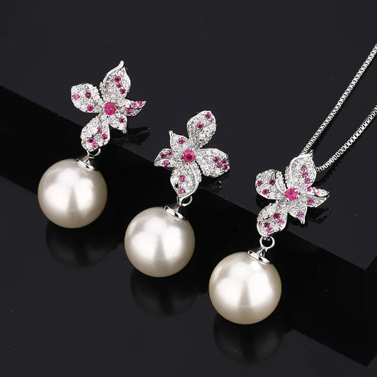 Elegant Flower White Pearl Cubic Zirconia Earrings Sparkling Necklace with Pink Crystal Ideal Wedding Dresses Accessories Gift