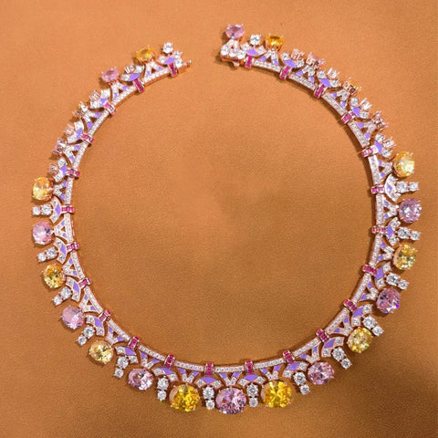 Designer Collection Style Ring Earrings Necklace Women Lady Inlay Pink Round Cubic Zircon Enamel Dinner Party Jewelry Sets