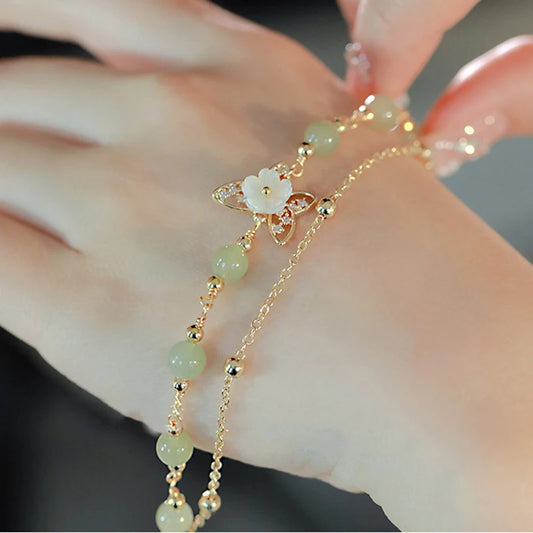Double Layers Green Jade Flower Butterfly Jewelry