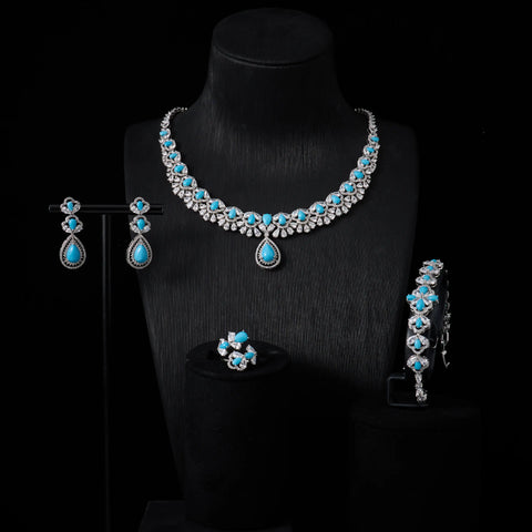 021560 Bridal Necklace Set for Women Turquoise Cubic Zirconia Jewelry Engagement Party Wedding Expensive Jewelry Set Handwork