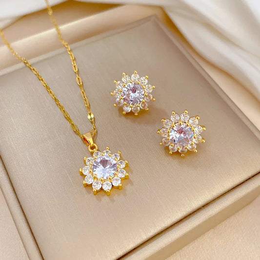 Stainless Steel Lucky Sparkle Necklace Earrings