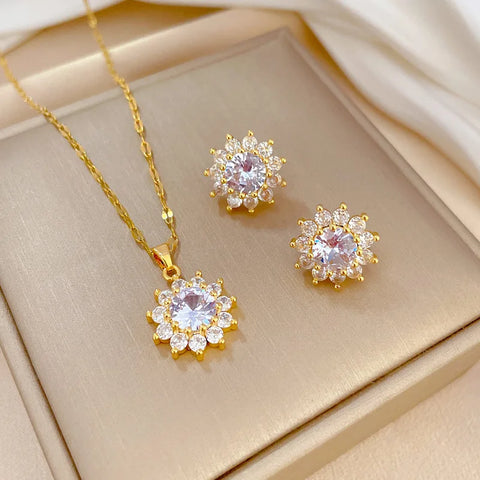 Stainless Steel Lucky Sparkle Necklace Earrings