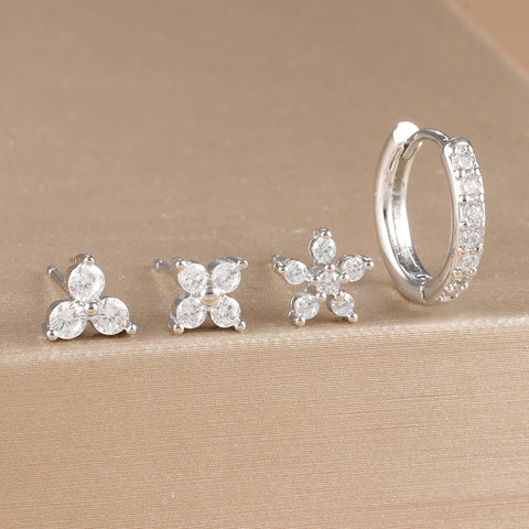 4PCS 18K Gold Plated Flower Round Piercing Earrings