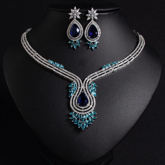 Luxury CZ Necklace 2 Pieces Jewelry for Women Cubic Zircon Africa Dubai Bridal Jewelry Sets Wedding Accessories
