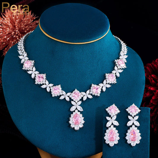 Pera Sweet Pink Cubic Zirconia Long Water Drop Pendant Necklace Earrings Jewelry Sets for Women Wedding Party Accessories J108