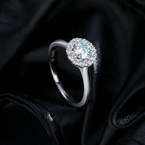 MODIAN D Color Green Teal Moissanite Halo Ring
