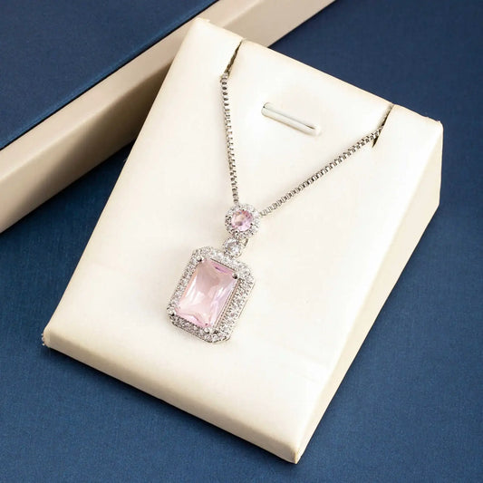 Women's Luxury Minimalist Square Pink Zirconia Pendant Necklace Fashionable Versatile Personalized Design Sugar Cube Necklace