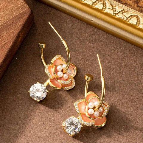 Elegant French Style Pearl Floral Stud Earrings