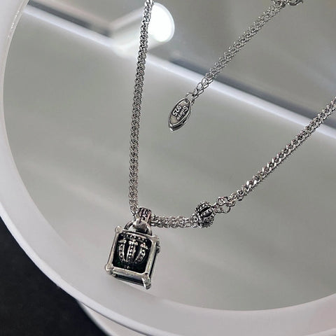 Foydjew Retro Thai Silver Crown Green Zircon Necklaces For Women 2022 Trend Brand Pendant Luxury Temperament Fashion Jewelry