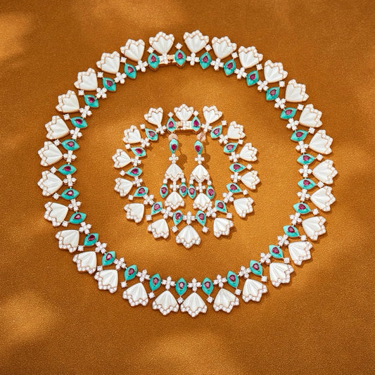Luxury Temperament AAA Zircon Fan Shaped Blue Red Necklace Drop Earrings For Women Wedding Party Evening Dress Jewelry Sets