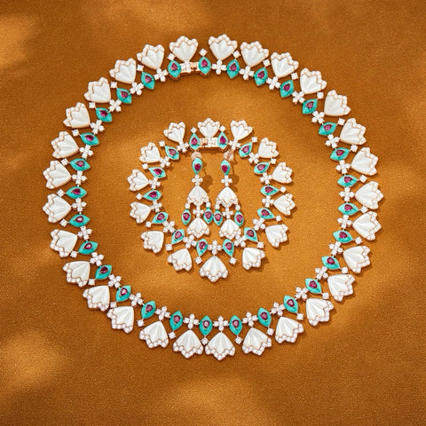 Luxury Temperament AAA Zircon Fan Shaped Blue Red Necklace Drop Earrings For Women Wedding Party Evening Dress Jewelry Sets