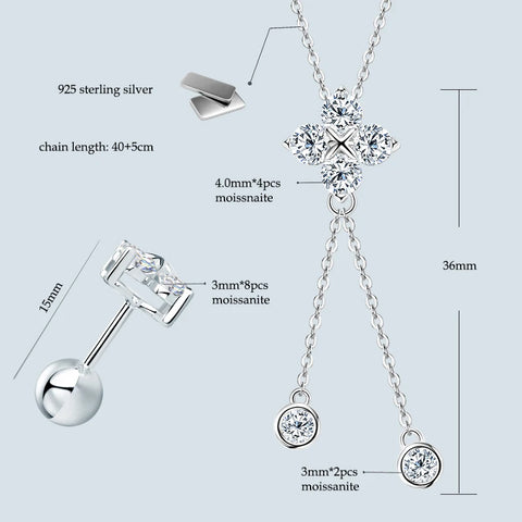Four Leaf Clover Moissanite Jewelry Sets 925 Silver Long Tassel Pendant Necklace Stud Earrings Christmas New Year Gift for Women