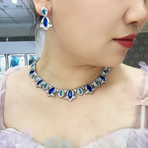 Designer Style Stud Earrings Necklace Women Lady Inlay Cubic Zircon Synthetic Sapphire Tassels Dinner Party Jewelry Sets