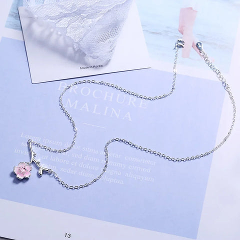 S925 Sterling Silver Women's Pink Cherry Blossom Branch Pendant Necklace (40cm+3.5cm) Luxury Jewelry