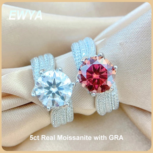 EWYA 100% Real 5CT Red Moissanite Diamond Ring