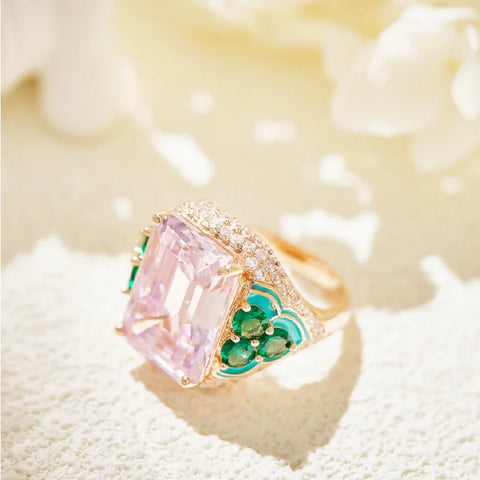 Designer Collection Style Ring Earrings Necklace Women Lady Inlay Pink Round Cubic Zircon Enamel Dinner Party Jewelry Sets
