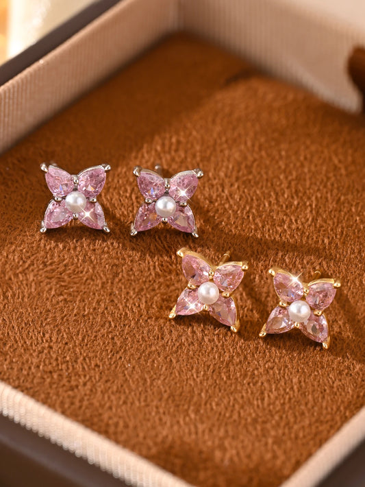 925 Sterling Silver Cute Pink Zircon Petal Earrings
