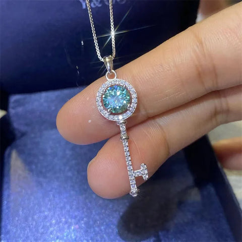 Round Shiny Blue-Green Moissanite Key Pendant Necklace, Luxury Neck Jewelry Valentine's Day Christmas Gifts For Lover