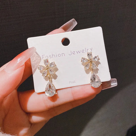 Luxury Fashion Water Drop Zircon Flower Stud Earrings