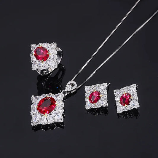 Sparkling Cubic Zirconia Lab Created Ruby Luxury Jewelry Set Silver 925 Real Necklace Engagement Wedding Ring Earrings For Women