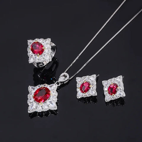 Sparkling Cubic Zirconia Lab Created Ruby Luxury Jewelry Set Silver 925 Real Necklace Engagement Wedding Ring Earrings For Women