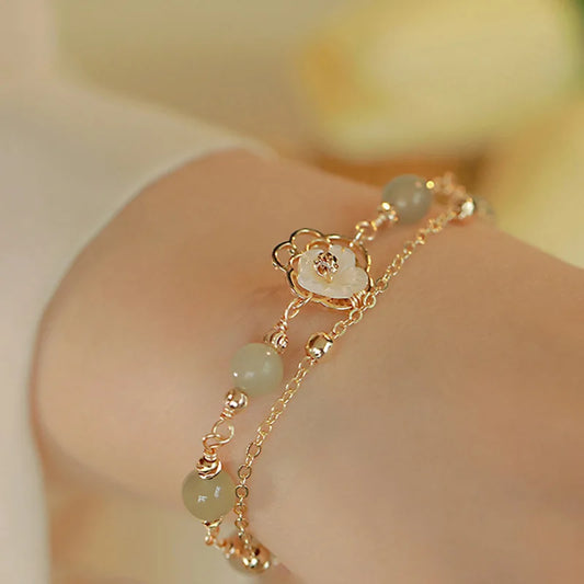 Double Layers Green Jade Flower Butterfly Jewelry