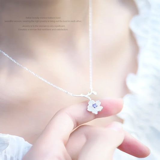 Cute Lovely Branches Cherry Blossoms Pendant Necklaces For Women Shiny Crystal Pink/Purple Zirconia Flower Elegant Neck Jewelry